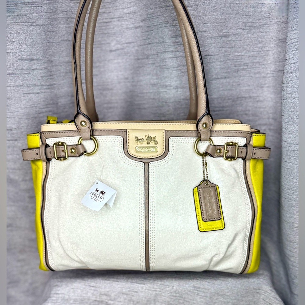 Coach Madison Colorblock Kara Carryall Satchel NWT in Parchment & Kiwi - # 22701